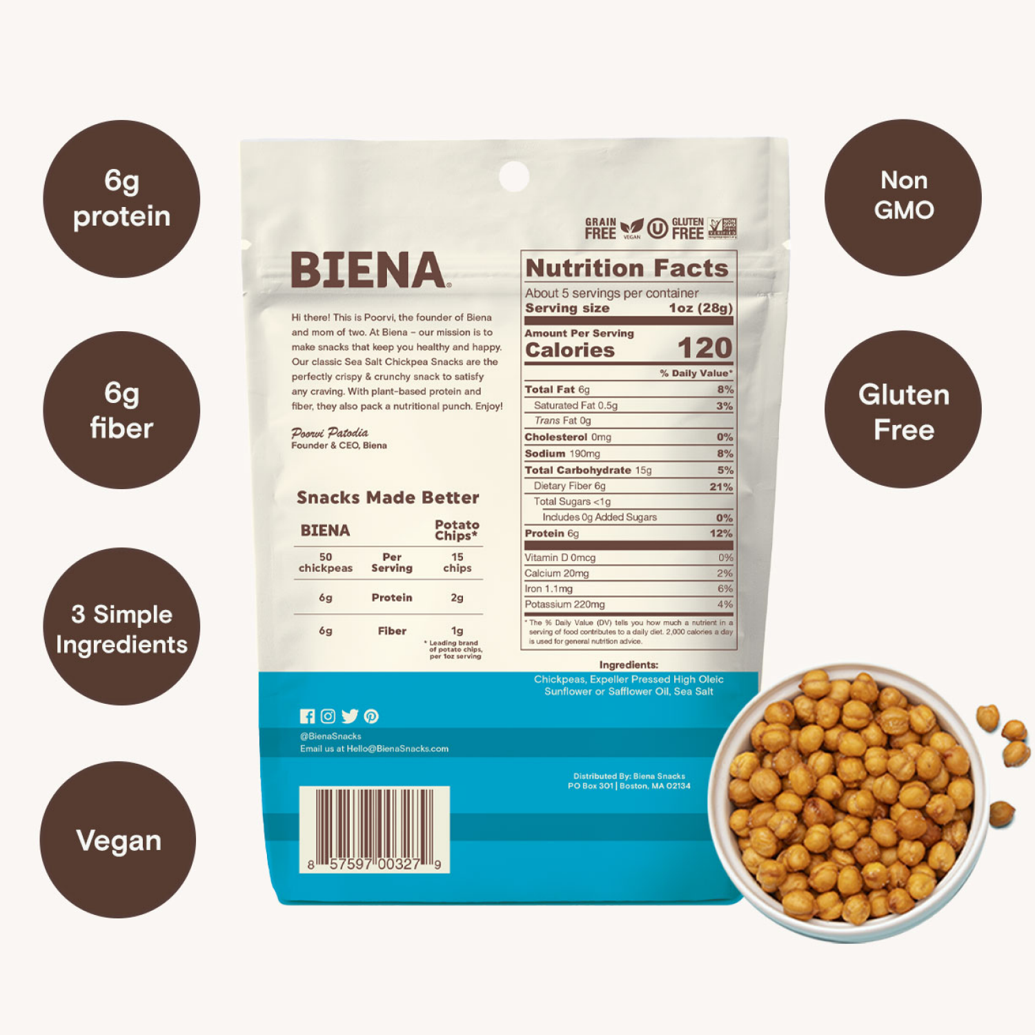 slide 2 of 6, Biena Sea Salt Chickpea Snacks 5 oz, 5 oz