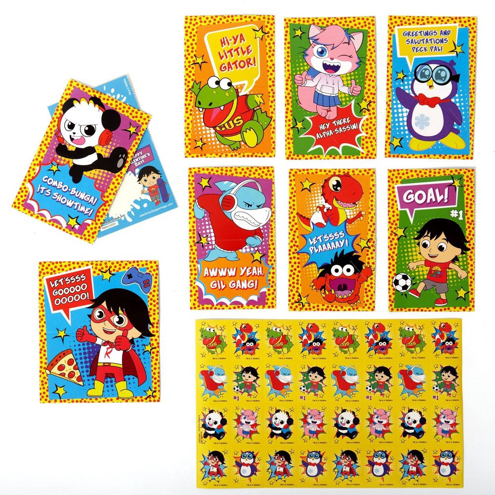 slide 3 of 3, Ryan's World 32ct Valentine's Day Classroom Exchange Cards with Stickers - Paper Magic, 32 ct