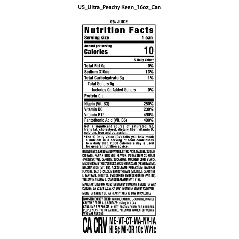 slide 6 of 9, Monster Energy Ultra Peachy Keen Energy Drink - 16 fl oz Can, 16 fl oz