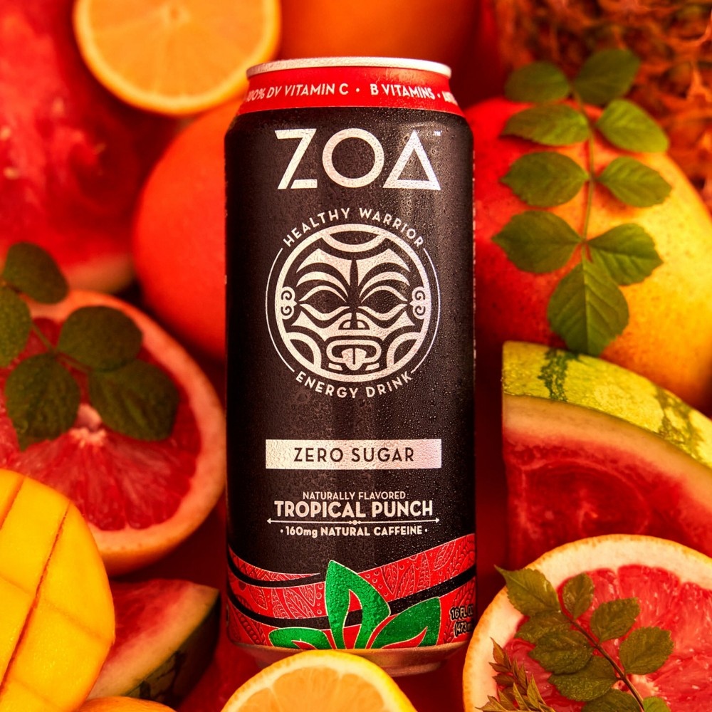 slide 4 of 7, ZOA Tropical Punch Zero Sugar Energy Drink - 12 fl oz Can, 12 fl oz