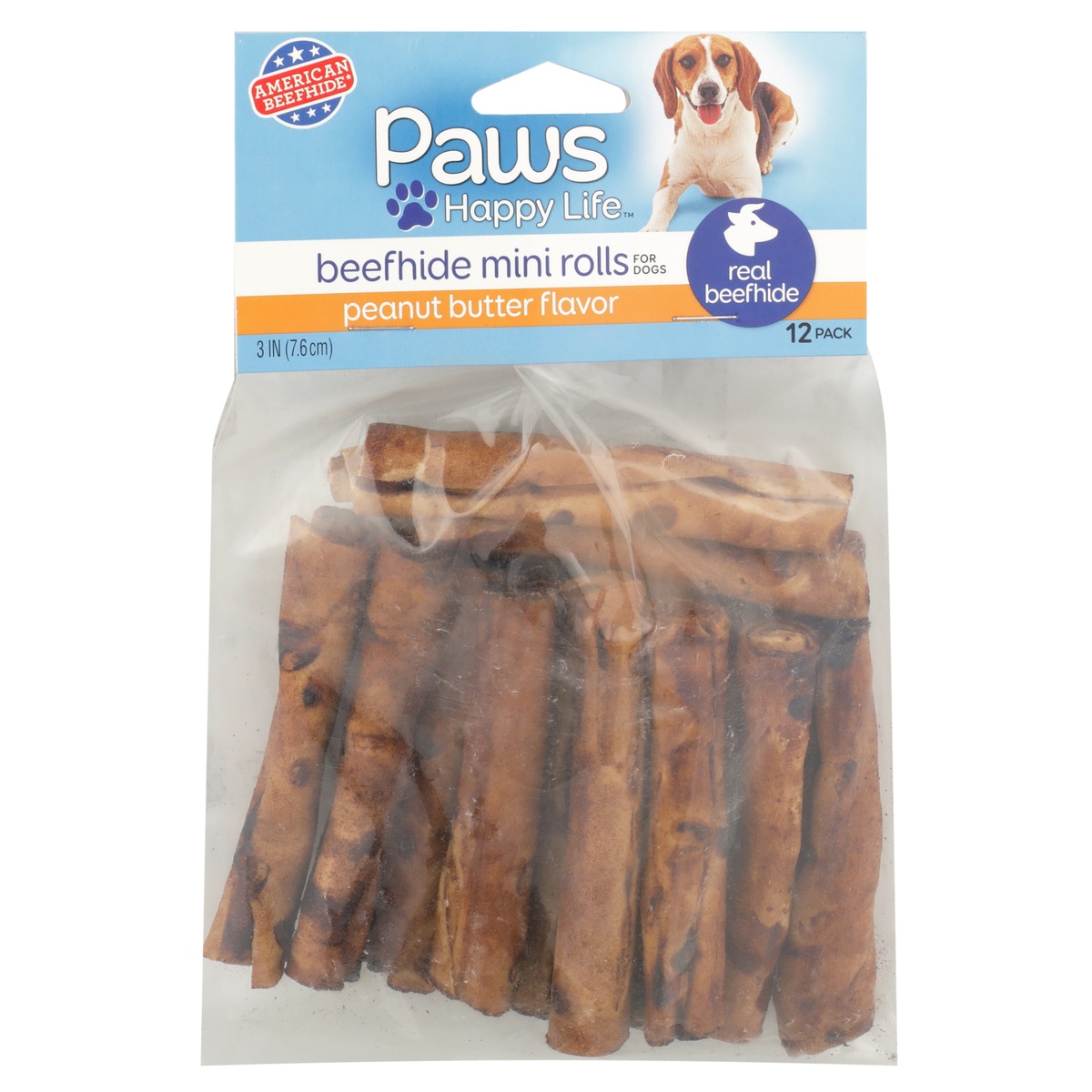 slide 1 of 1, Paws Happy Life Peanut Butter Flavor Beefhide Mini Rolls For Dogs, 12 ct