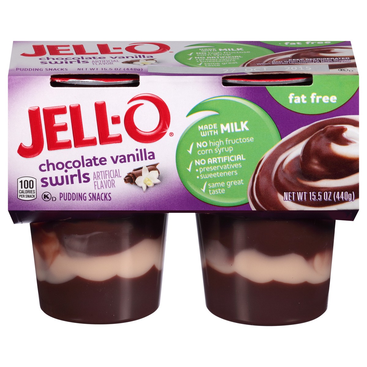 slide 1 of 9, Jell-O Pudding Ready To Eat Chocolate Vanilla Swirl Fat Free 4 Ct Cups, 4 ct; 15.5 oz