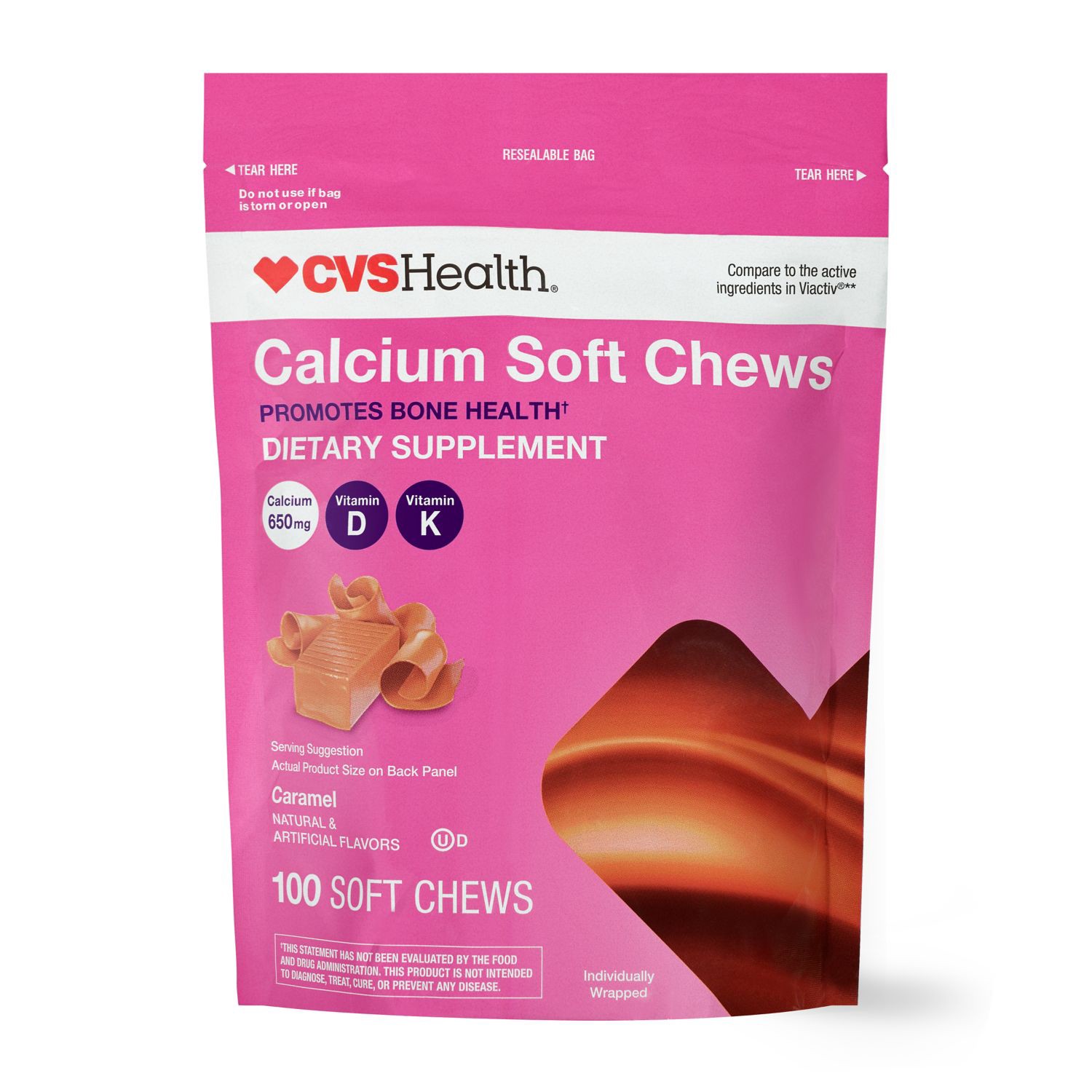 slide 1 of 4, CVS Health Calcium Soft Chews, Caramel, 100 Ct, 1 ct