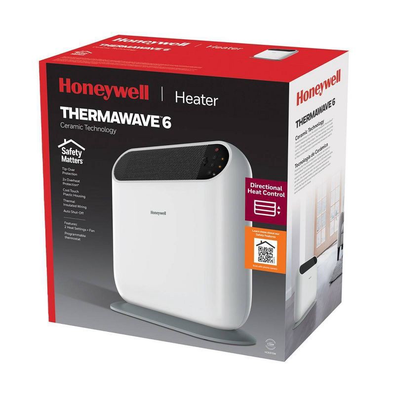 slide 7 of 7, Honeywell Thermawave Indoor Heater: Portable Ceramic Space Heater, 3 Settings, Fan Driven, 1500W, ETL Listed, White, 1 ct