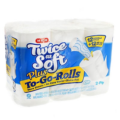 slide 1 of 1, H-E-B Twice As Soft 2-ply Plus To-Go-Rolls Double Roll Bath Tissue, 12 ct