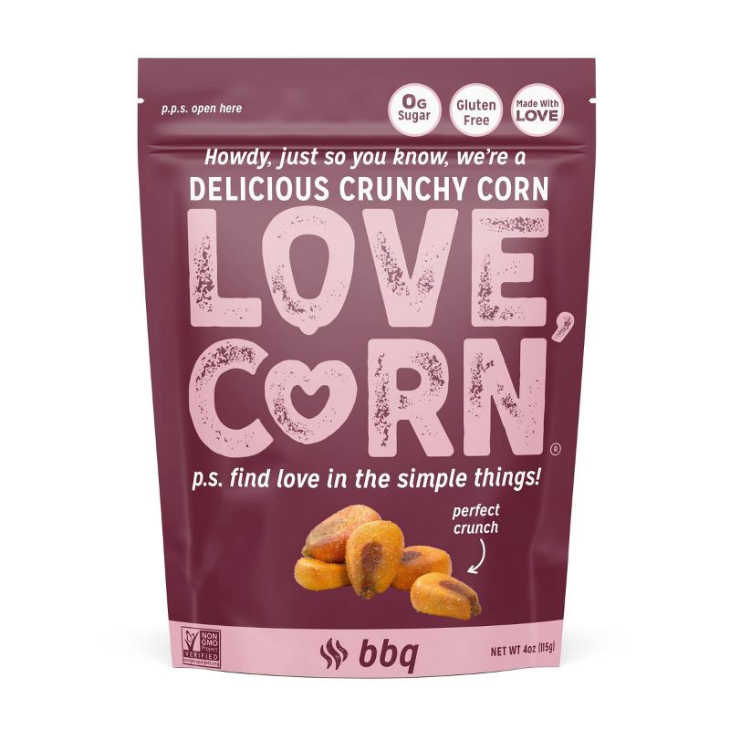 slide 1 of 9, Love Corn LOVE, CORN BBQ Crunchy Corn - 4oz, 4 oz