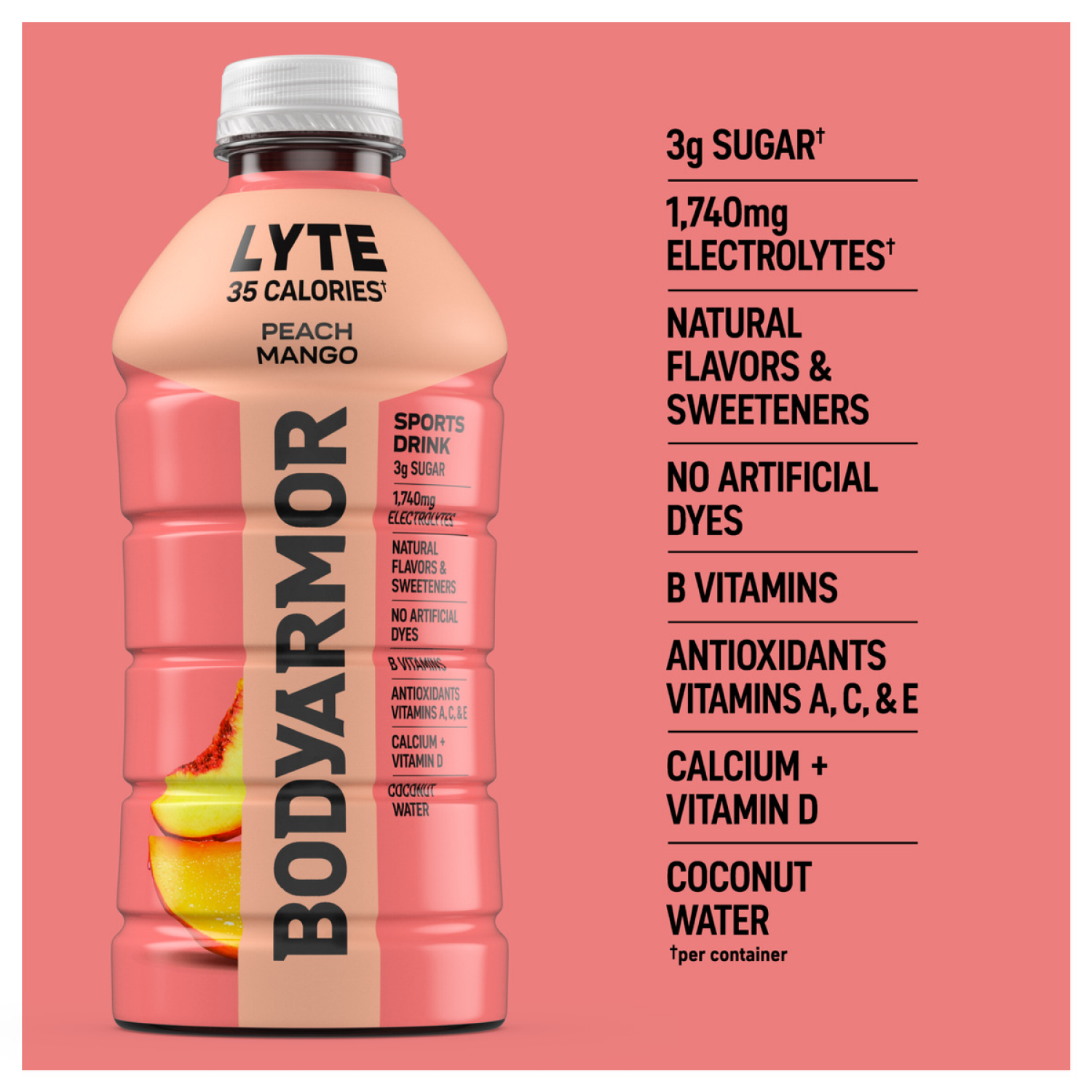 slide 4 of 5, BODYARMOR Lyte Peach Mango Electrolyte Sports Drink, 28 fl oz Bottle, 28 fl oz
