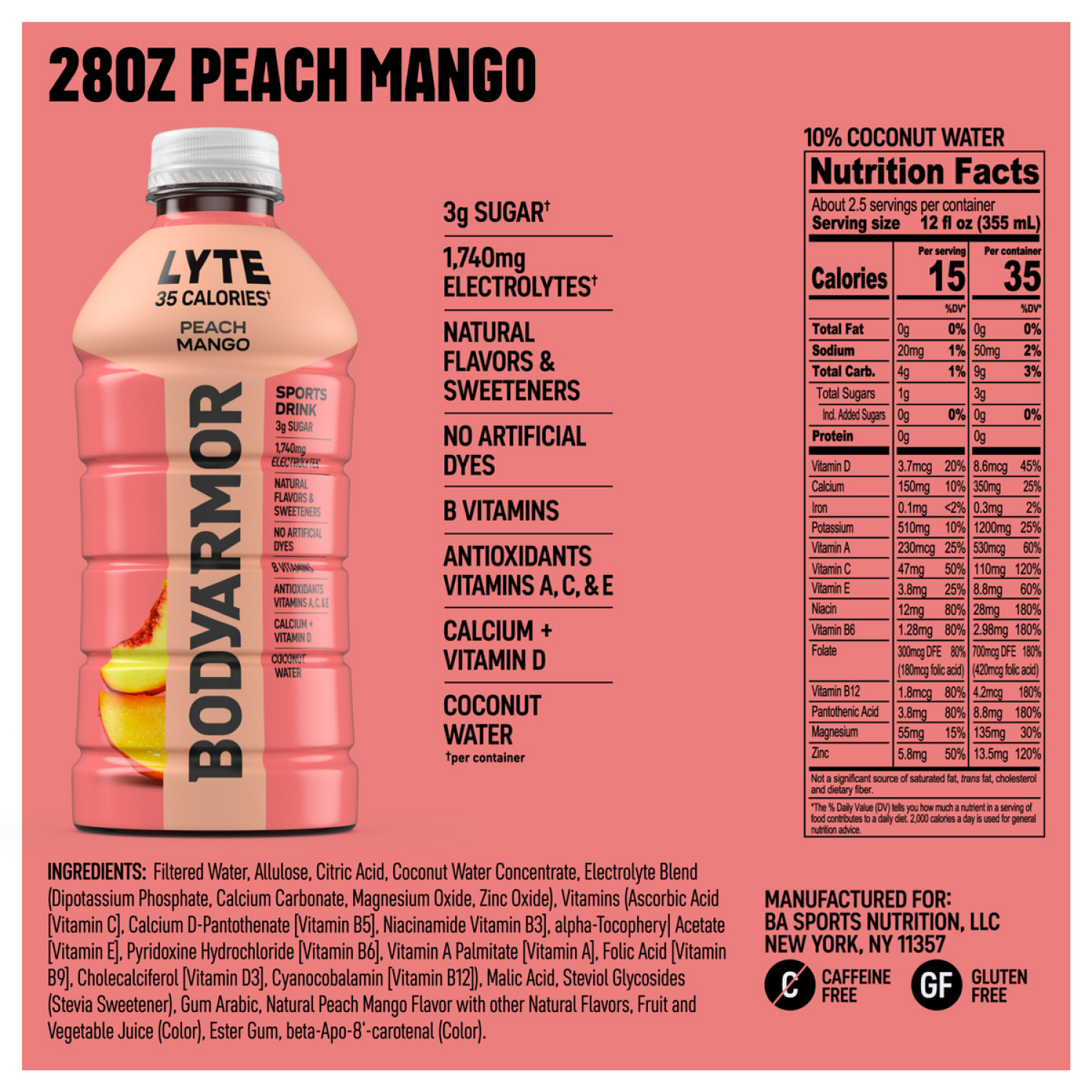 slide 5 of 5, BODYARMOR Lyte Peach Mango Electrolyte Sports Drink, 28 fl oz Bottle, 28 fl oz