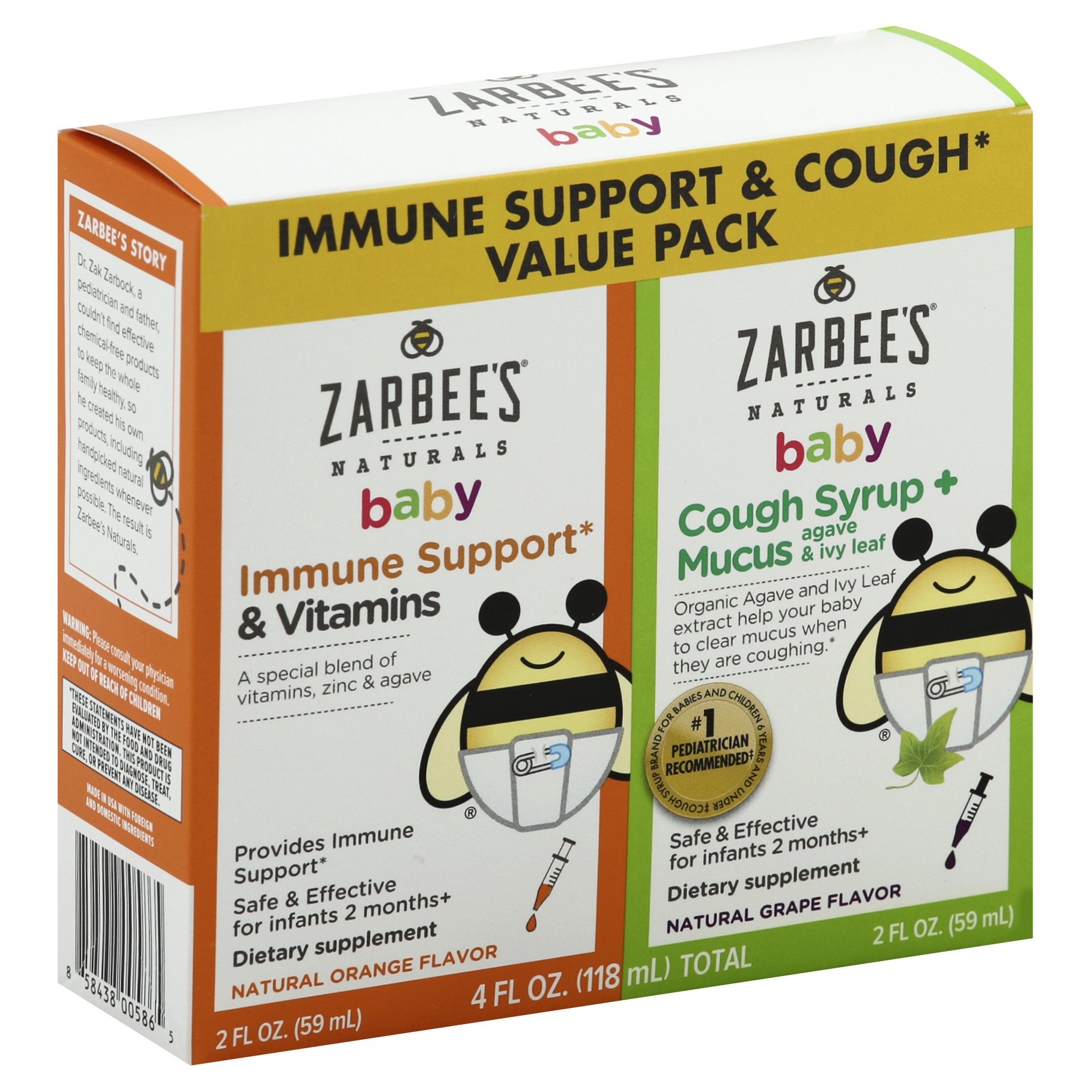 slide 1 of 10, Zarbee's Naturals Baby Immune Support & Cough Syrup/Mucus Reducer Value Pack - Orange & Grape, 2 fl oz, 2 ct