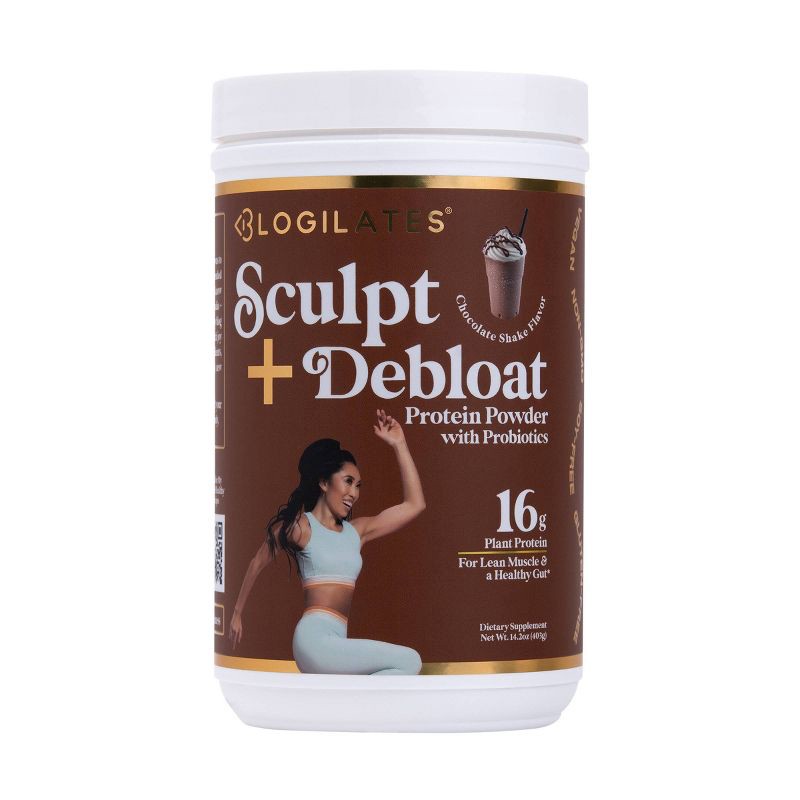 slide 1 of 5, Blogilates Sculpt & Debloat Plant Protein Vegan Powder with Probiotics - Chocolate Shake - 13.4oz, 13.4 oz