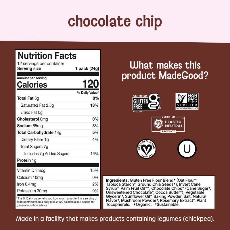slide 2 of 10, MadeGood Organic Gluten Free Chocolate Chip Cookies Soft Baked Snack Pack - 12ct, 12 ct