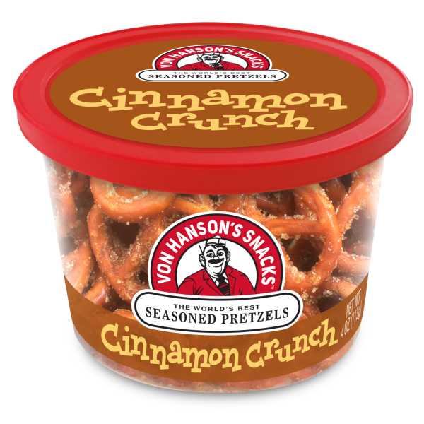 slide 1 of 1, Von Hansen's Cinnamon Crunch Seasoned Pretzel Cup, 4 oz