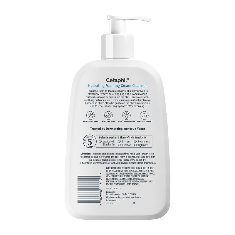 slide 5 of 8, Cetaphil Hydrating Foaming Cream Facial Cleanser Face Wash with Niacinamide - 16oz, 16 oz