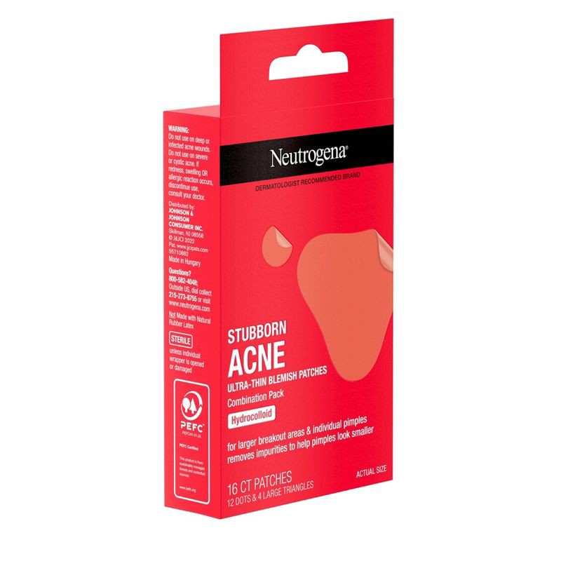 slide 9 of 12, Neutrogena Stubborn Acne Ultra-Thin Blemish Hydrocolloid Patches, Combination Pack - 16 Patches, 1 ct