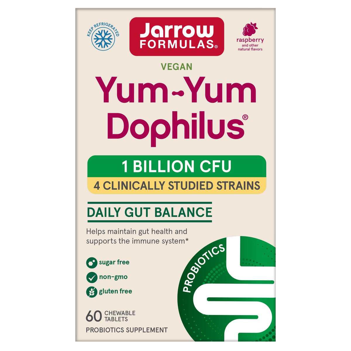 slide 1 of 1, Jarrow Formulas Yum-Yum Dophilus, Natural Raspberry Flavor Probiotics Supplement - 1 Billion CFU Per Serving - 60 Chewable Tablets - Intestinal & Immune Health - For Kids & Adults, 60 ct