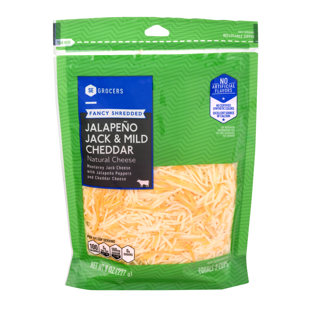 slide 1 of 1, SE Grocers Fancy Shredded Jalapeno Jack & Mild Cheddar Natural Cheese, 8 oz