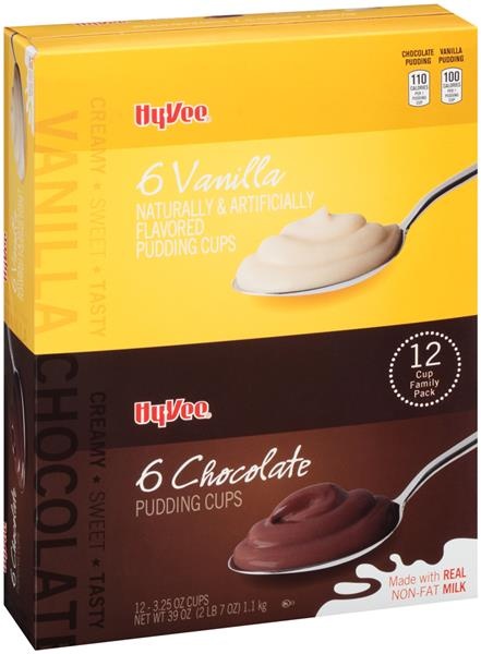 slide 1 of 1, Hy-Vee Vanilla/Chocolate Pudding Cups, 12 ct; 3.25 oz