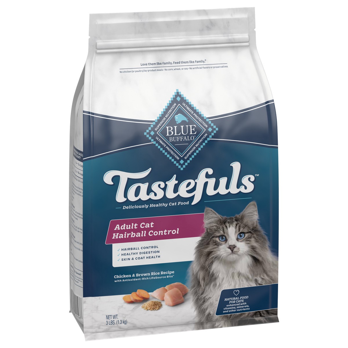 slide 2 of 12, Blue Buffalo Tastefuls Hairball Control Natural Adult Dry Cat Food, Chicken, 3lb bag, 3 lb