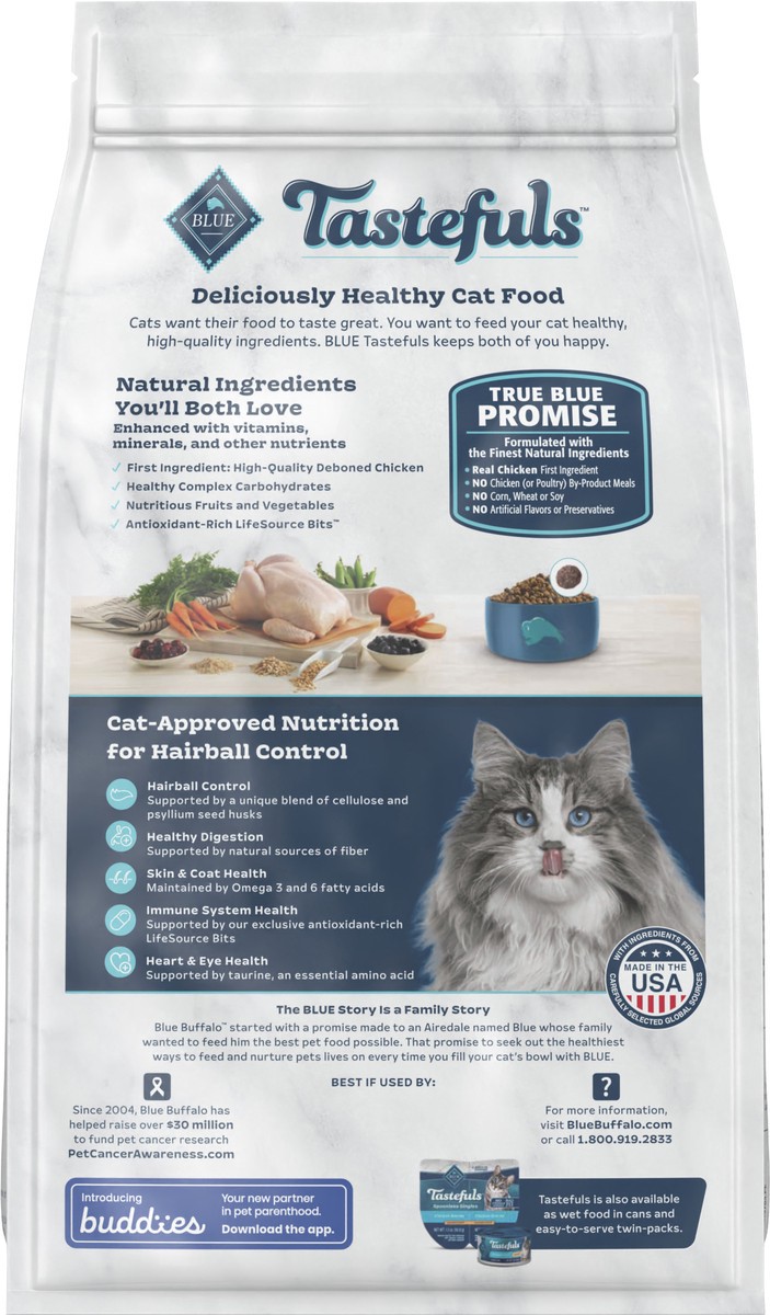 slide 12 of 12, Blue Buffalo Tastefuls Hairball Control Natural Adult Dry Cat Food, Chicken, 3lb bag, 3 lb