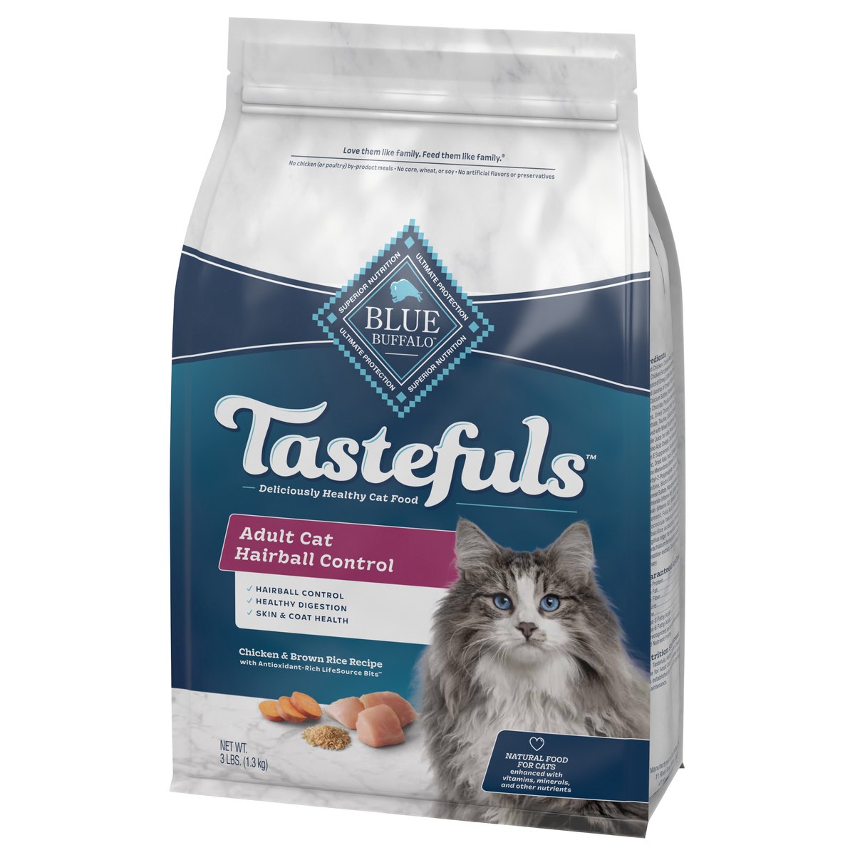 slide 4 of 12, Blue Buffalo Tastefuls Hairball Control Natural Adult Dry Cat Food, Chicken, 3lb bag, 3 lb