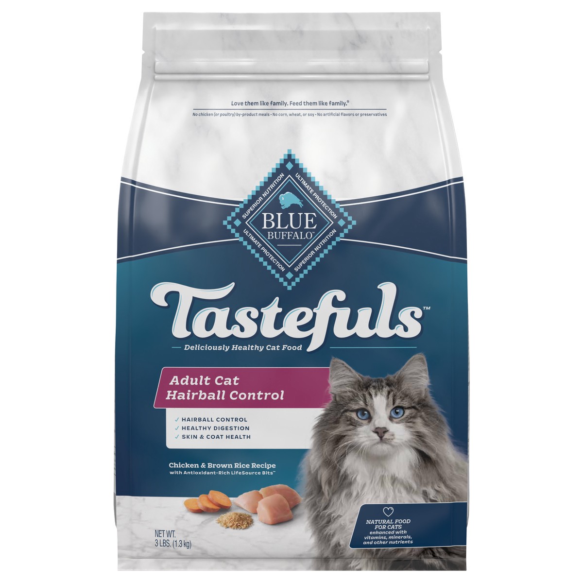 slide 1 of 12, Blue Buffalo Tastefuls Hairball Control Natural Adult Dry Cat Food, Chicken, 3lb bag, 3 lb