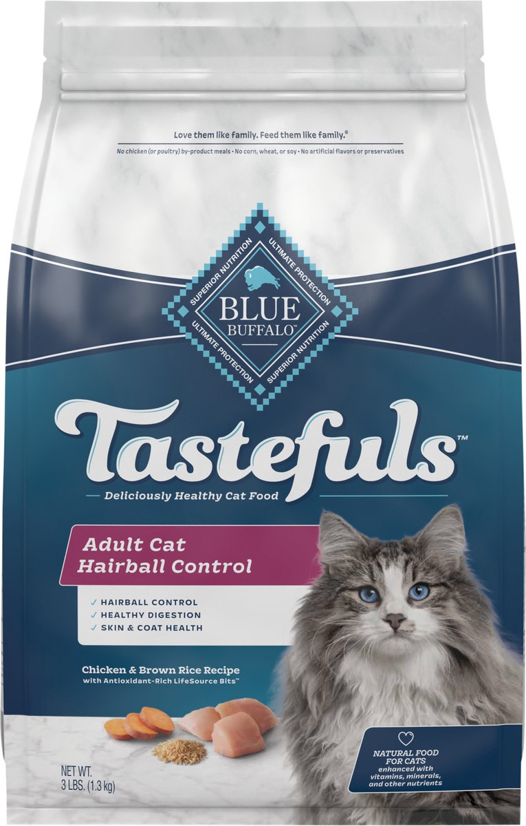 slide 9 of 12, Blue Buffalo Tastefuls Hairball Control Natural Adult Dry Cat Food, Chicken, 3lb bag, 3 lb