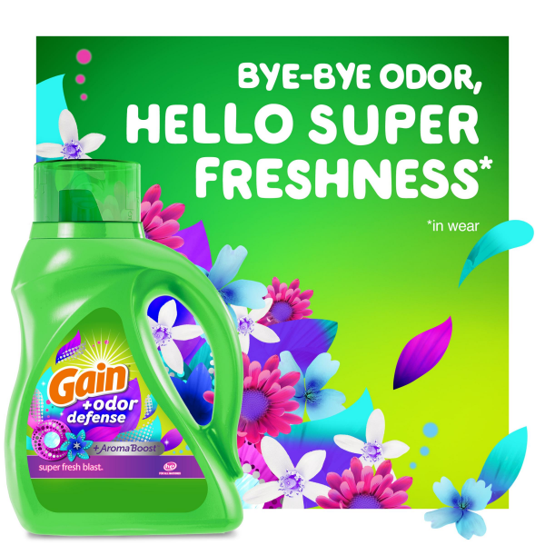 slide 11 of 29, Gain + Odor Defense Liquid Laundry Detergent, Super Fresh Blast Scent, 128 Loads, HE Compatible, 184 fl oz