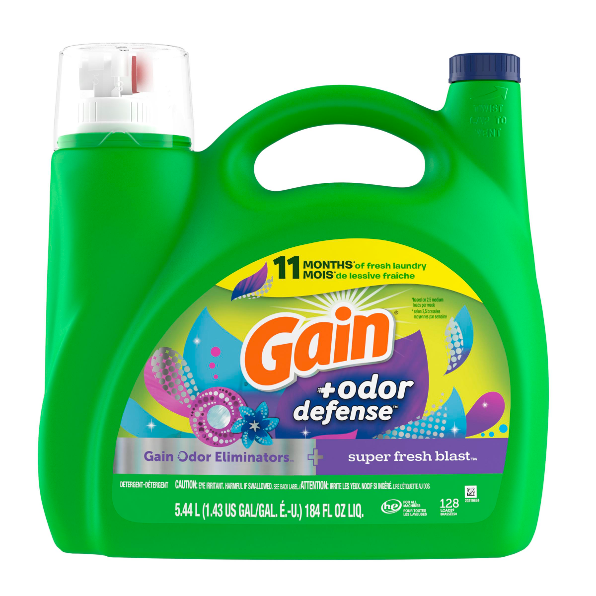 slide 1 of 29, Gain + Odor Defense Liquid Laundry Detergent, Super Fresh Blast Scent, 128 Loads, HE Compatible, 184 fl oz