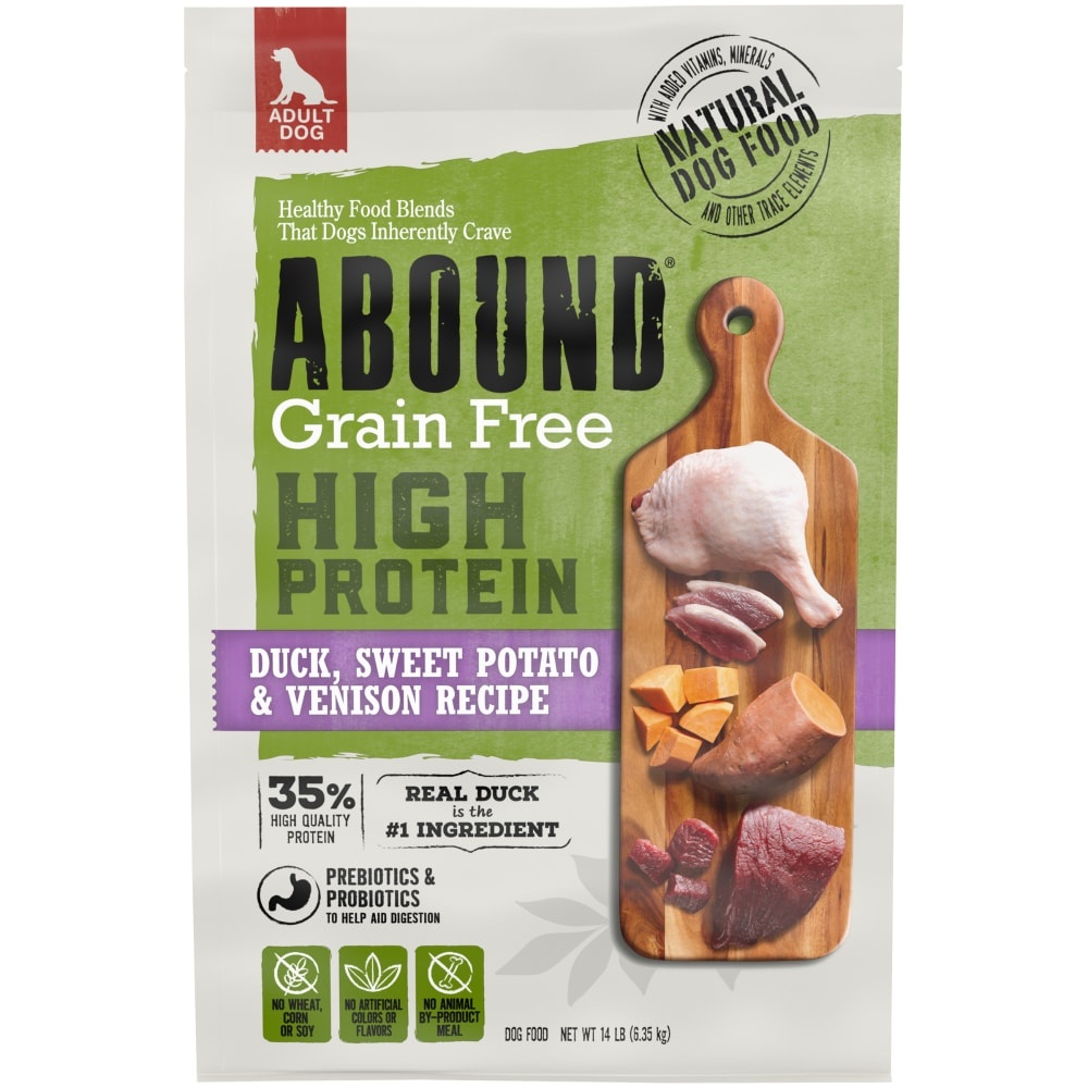 slide 1 of 1, Abound Grain Free High Protein Duck & Venison Flavored Dry Dog Food, 14 lb