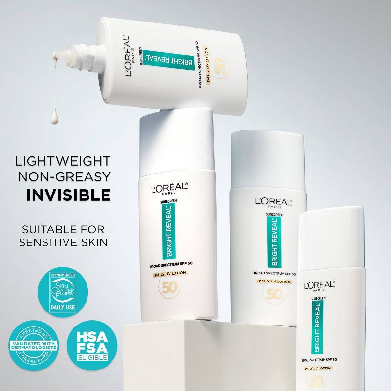 slide 4 of 9, L'Oreal Paris Bright Reveal Broad Spectrum Daily UV Lotion - SPF 50 - 1.7 floz, 1 ct