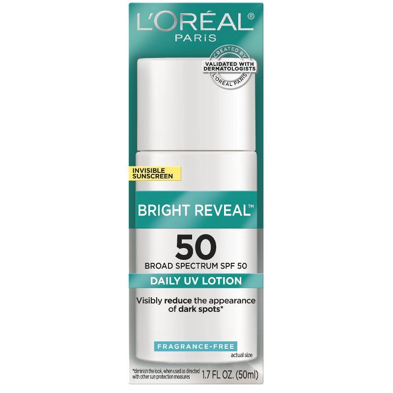 slide 8 of 9, L'Oreal Paris Bright Reveal Broad Spectrum Daily UV Lotion - SPF 50 - 1.7 floz, 1 ct