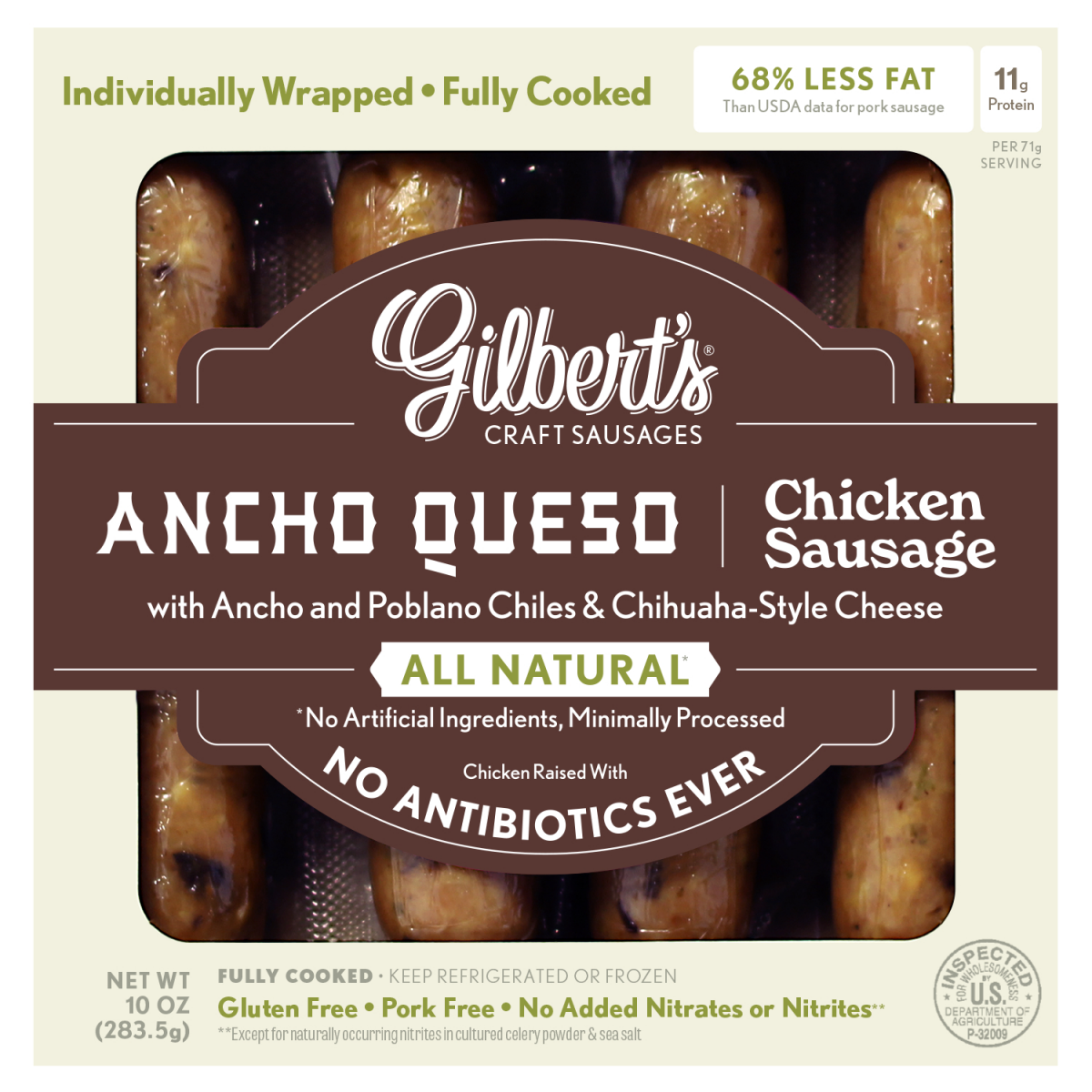 slide 1 of 1, GILBERTS Gilbert's Ancho Queso Chicken Sausage Links, 10 oz., 10 oz