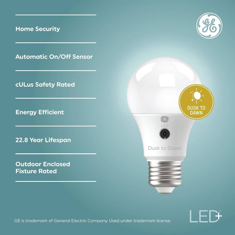 slide 2 of 6, GE Household Lighting GE 2pk LED+ Dusk to Dawn A19 LED Outdoor Light Bulbs Soft White: 9 Watt, 800 Lumens, E26 Base, 22.8-Year Life, 2 ct