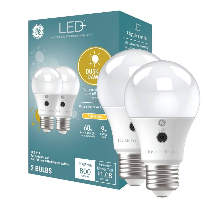 slide 1 of 6, GE Household Lighting GE 2pk LED+ Dusk to Dawn A19 LED Outdoor Light Bulbs Soft White: 9 Watt, 800 Lumens, E26 Base, 22.8-Year Life, 2 ct