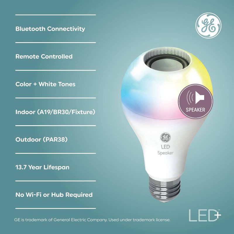 slide 2 of 7, GE Household Lighting GE LED+ Speaker and Color Changing A21 LED Light Bulb: Bluetooth Light Bulb with Speaker, 760 Lumens, E26 Base, 1 ct
