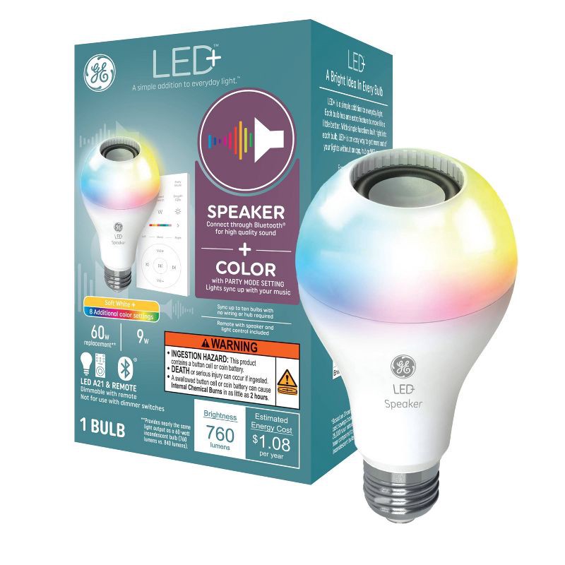 slide 1 of 7, GE Household Lighting GE LED+ Speaker and Color Changing A21 LED Light Bulb: Bluetooth Light Bulb with Speaker, 760 Lumens, E26 Base, 1 ct