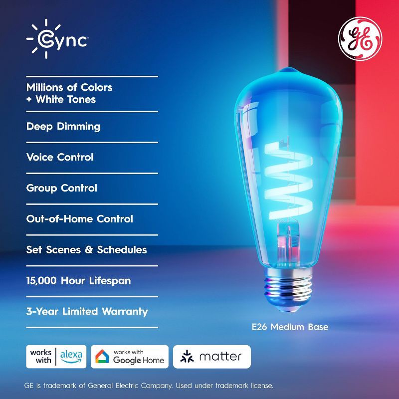 slide 13 of 15, GE Household Lighting GE CYNC Smart ST19 LED Edison Style Light Bulb Full Color: Color Changing, Alexa & Google Assistant Compatible, 60W Equivalent, 1 ct