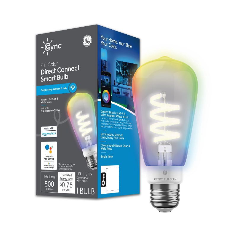slide 1 of 15, GE Household Lighting GE CYNC Smart ST19 LED Edison Style Light Bulb Full Color: Color Changing, Alexa & Google Assistant Compatible, 60W Equivalent, 1 ct