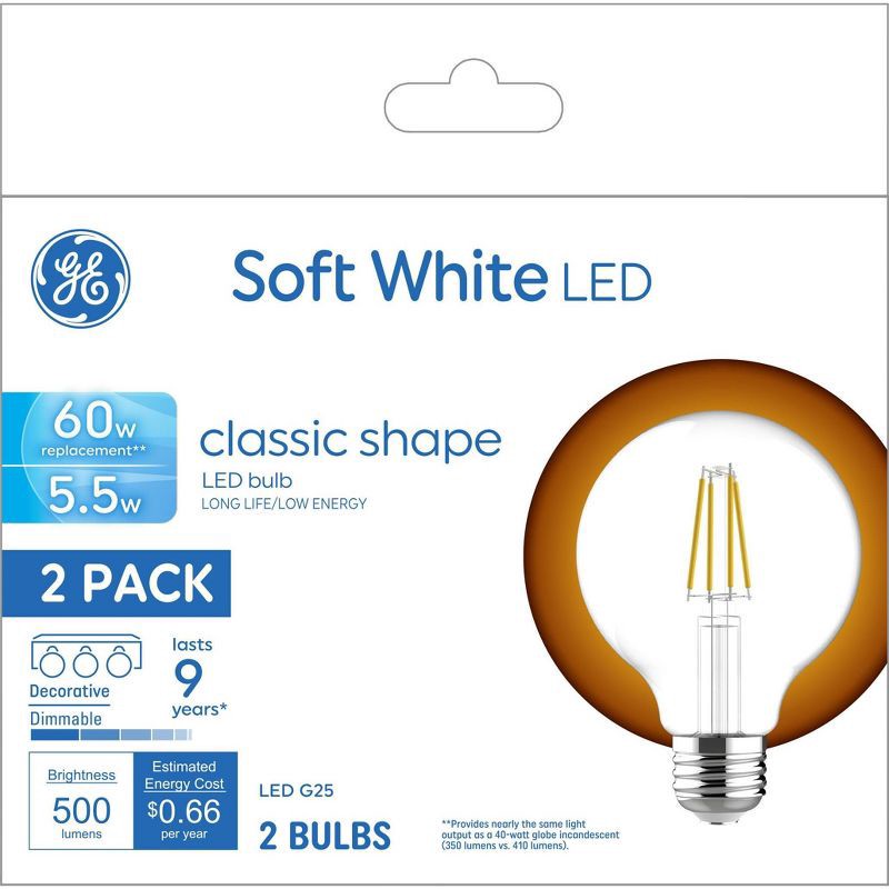 slide 4 of 4, General Electric GE 2pk 5.5 Watts Soft White Medium Base LED Globe Light Bulbs, 2 ct