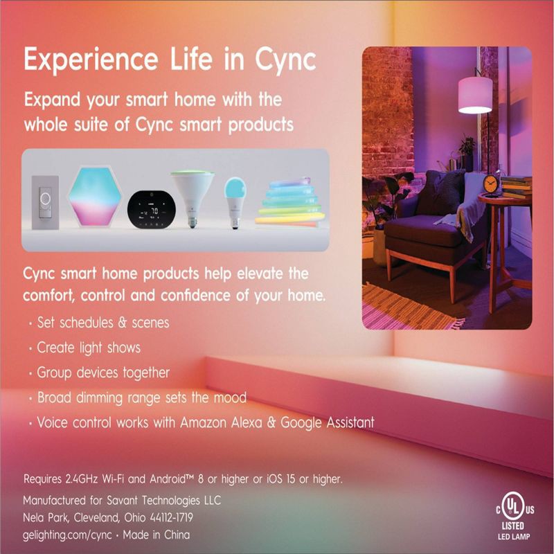 slide 5 of 8, GE Household Lighting GE 2pk CYNC Reveal Smart A21 LED Light Bulbs Full Color, 2 ct