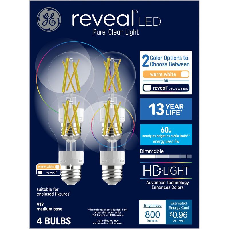 slide 1 of 5, GE Household Lighting GE 4pk 60W Color Select A15 LED Ceiling Fan Light Bulbs: Warm White, Dimmable, 800 Lumens, E26 Base, 13.7-Year Life, 4 ct