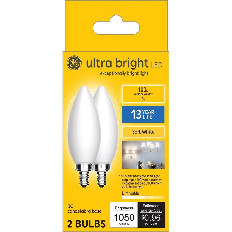 slide 4 of 5, GE Household Lighting GE 2pk 100W Ultra Bright LED BC Decorative Light Bulbs Soft White, 2 ct