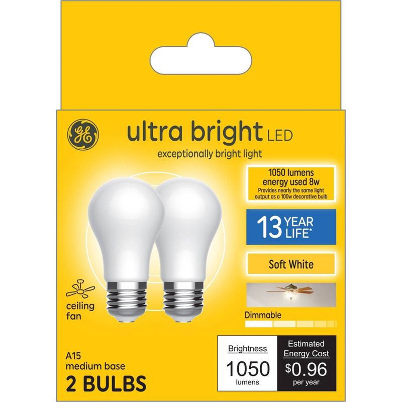slide 4 of 5, GE Household Lighting GE 2pk 100W Frost Ultra Bright A15 LED Ceiling Fan Light Bulbs Soft White, 2 ct