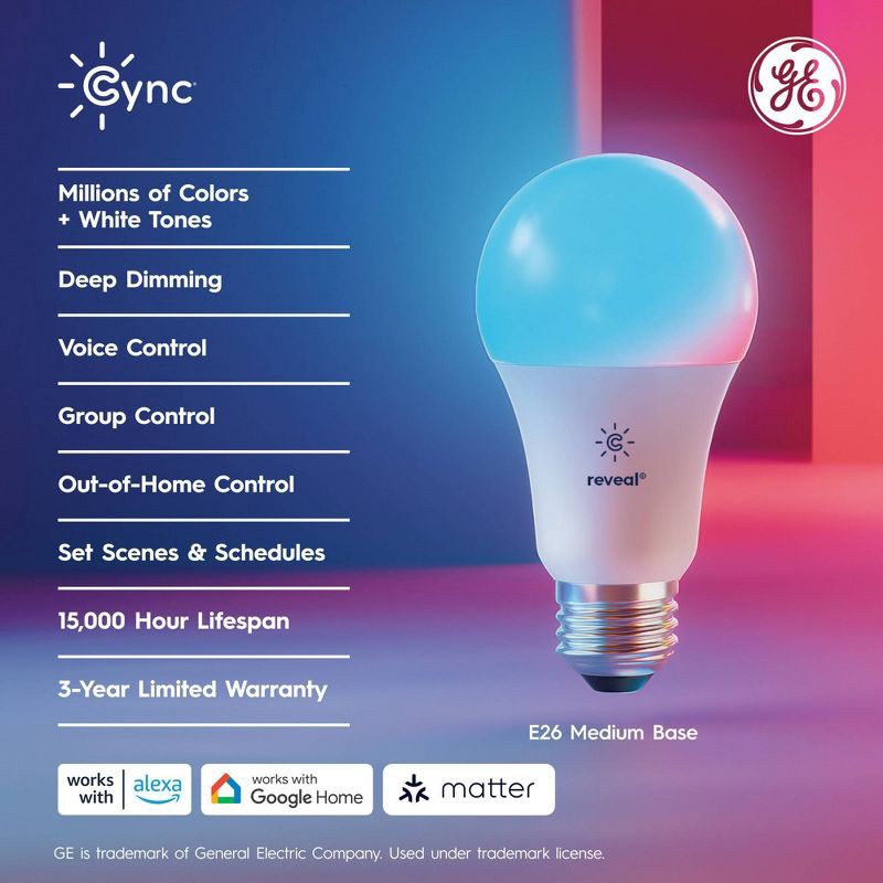 slide 6 of 9, GE Household Lighting GE CYNC Reveal Smart A21 LED Light Bulbs Full Color, 1 ct