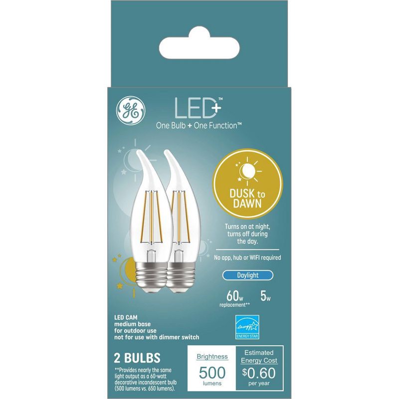 slide 4 of 5, General Electric GE 2pk 5 Watts Daylight Medium Base LED+ Dusk to Dawn Outdoor Decorative Light Bulbs, 2 ct