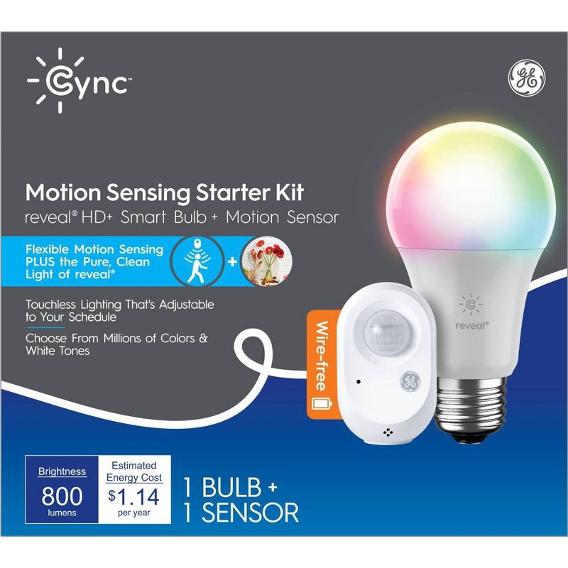 slide 4 of 5, General Electric GE CYNC Reveal Smart Full Color Light Bulb with Smart Wire Free Motion Sensor Bundle, 1 ct