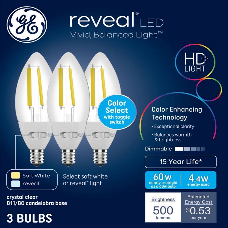 slide 2 of 8, GE Household Lighting GE 3pk 60W Color Select LED Decorative Light Bulbs Clear, 3 ct