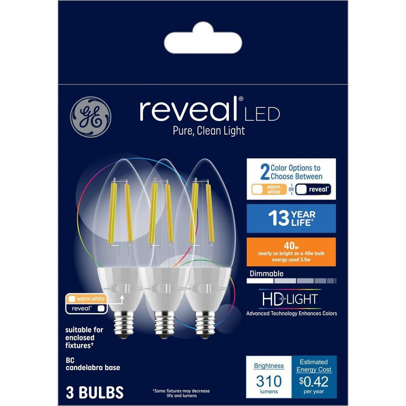slide 4 of 5, GE Household Lighting GE 3pk 40W Color Select LED Decorative Light Bulbs Clear: Dimmable Candelabra Base E12, 2700K, 310 Lumens, 13.7-Year Life, 3 ct