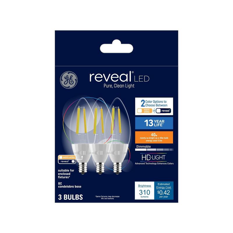 slide 1 of 5, GE Household Lighting GE 3pk 40W Color Select LED Decorative Light Bulbs Clear: Dimmable Candelabra Base E12, 2700K, 310 Lumens, 13.7-Year Life, 3 ct