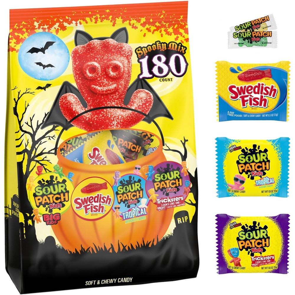 slide 4 of 7, Sour Patch Kids & Swedish Fish Halloween Candy Variety Pack Treat Size - 60oz/180ct, 60 oz, 180 ct